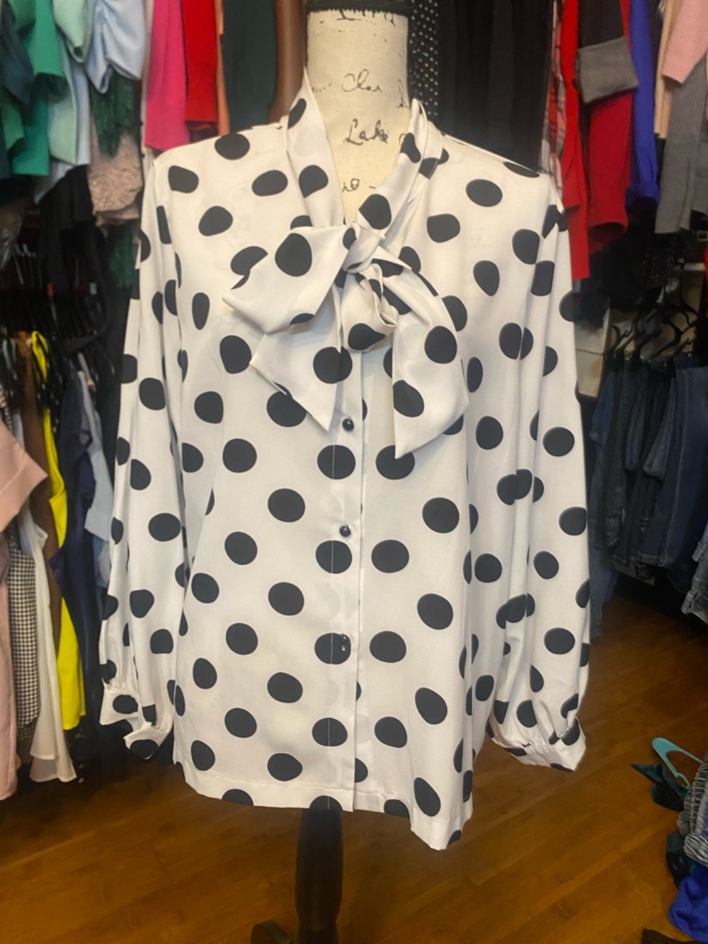 SHEIN White Blouse with Black Polka Dots and Neck Tie